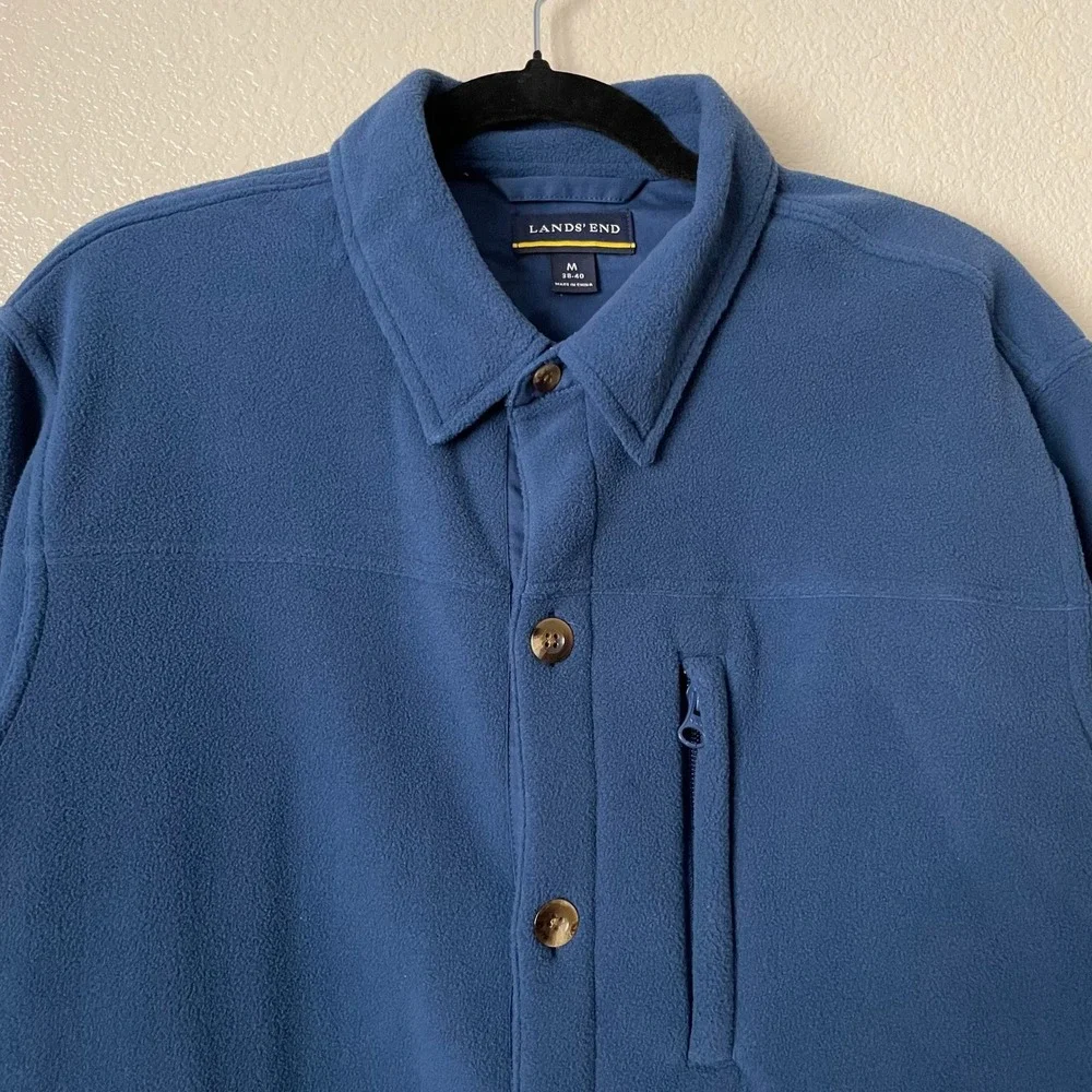 Lands End Shirt Jacket Mens Medium Blue Fleece Button Up Long Sleeve Shacket‎